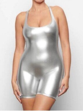 SKIMS METALLIC SWIM CYCLE SUIT IN NICKEL SIZE Large